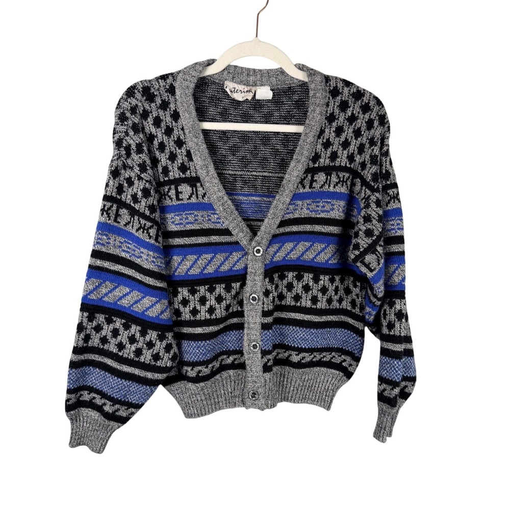Interim Mens Vtg Wool Fair Isle Cardigan Sweater Gray Blue M Italy Grandpacore